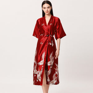 Danger Red Satin Flamingo Long Kimono Robe - Less+mORE