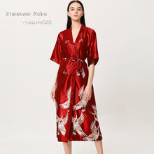 Load image into Gallery viewer, Danger Red Satin Flamingo Long Kimono Robe - Less+mORE
