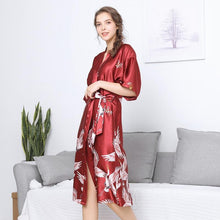 Load image into Gallery viewer, Danger Red Satin Flamingo Long Kimono Robe - Less+mORE
