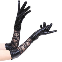 Load image into Gallery viewer, black_party_glovesParty_Gloves_Lace_and_lame_elbow-length_gloves_Dominatrix_style_comes_out_to_play_with_these_lace_and_lam_accented_gloves_One Size fits all. 
