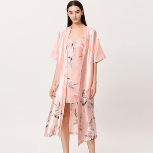 Shop_the_Robe_Peach Pink Satin Flamingo Long Kimono Robe