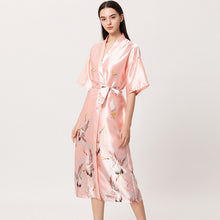 Load image into Gallery viewer, Shop_the_robe_Peach Pink Satin Flamingo Long Kimono Robe
