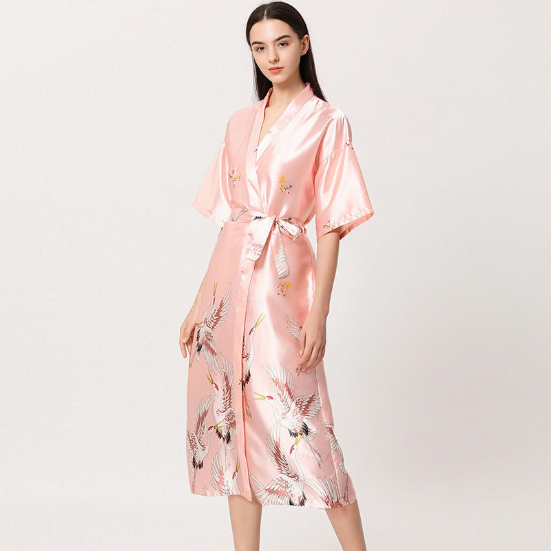 Shop_the_robe_Peach Pink Satin Flamingo Long Kimono Robe