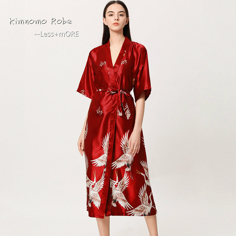 Kimono Robe Velvet Red Satin Flamingo Long Kimono Robe Kimono