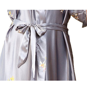 Silver Grey Satin Flamingo Long Kimono Robe - Less+mORE