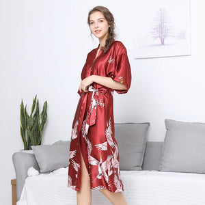 Danger Red Satin Flamingo Long Kimono Robe - Less+mORE