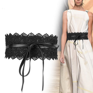 Black White Wide Corset Lace Belt Female Self Tie Cinch Waist Belts for Women Dress Waist Belt - Less+mORE