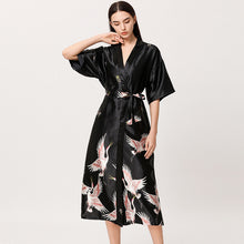 Load image into Gallery viewer, Silver Black Satin Flamingo Long Kimono Robe - Less+mORE
