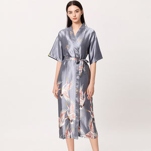 Silver Grey Satin Flamingo Long Kimono Robe - Less+mORE